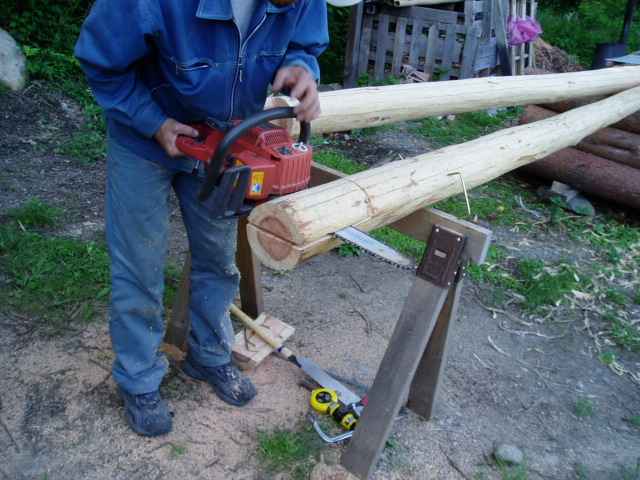 cut the joint of girders (made of two cedar logs)